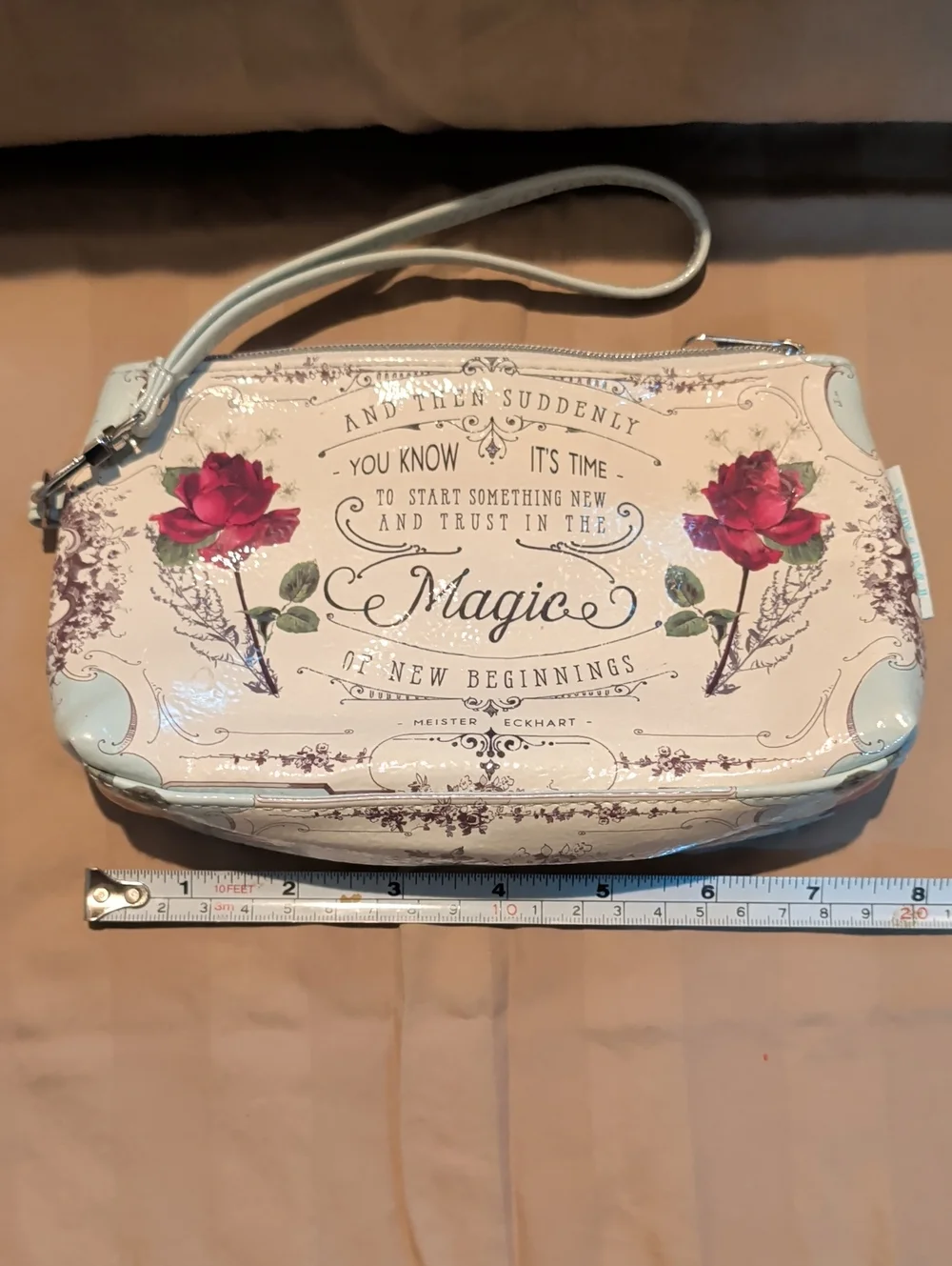 Papaya Cream Wristlet Clutch with Red Rose Print
